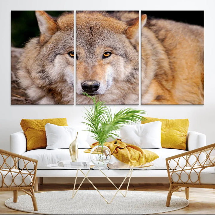 A Wild Wolf Wall Art Canvas Print adorns the wall.