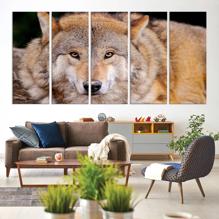 A Wild Wolf Wall Art Canvas Print adorns the wall.