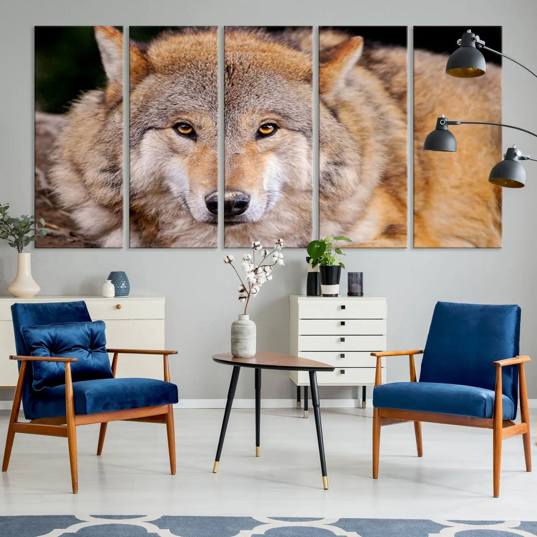 A Wild Wolf Wall Art Canvas Print adorns the wall.