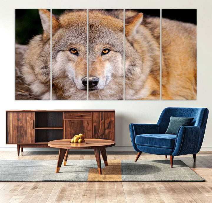 A Wild Wolf Wall Art Canvas Print adorns the wall.