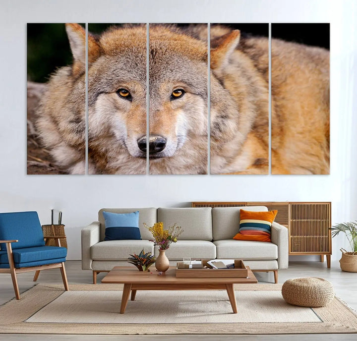 A Wild Wolf Wall Art Canvas Print adorns the wall.