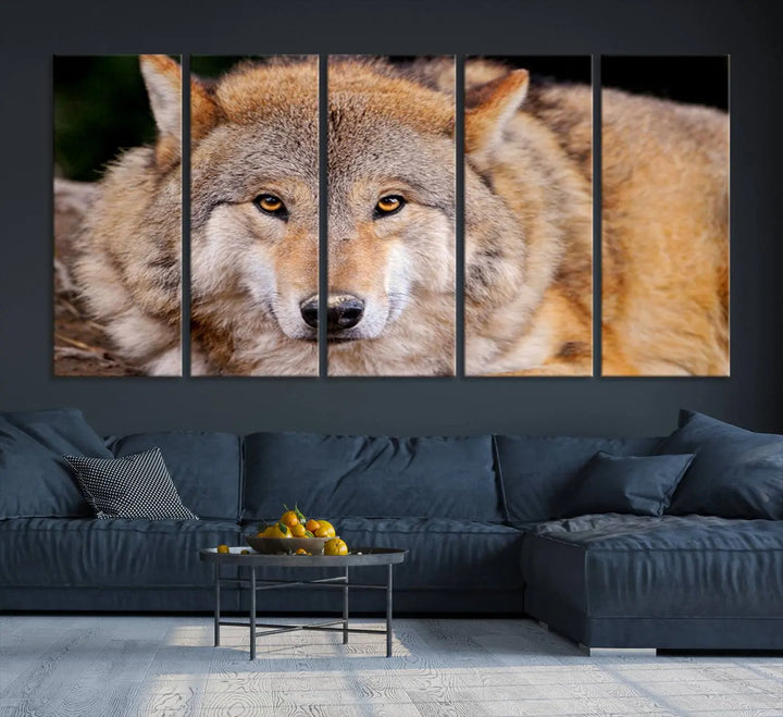 A Wild Wolf Wall Art Canvas Print adorns the wall.