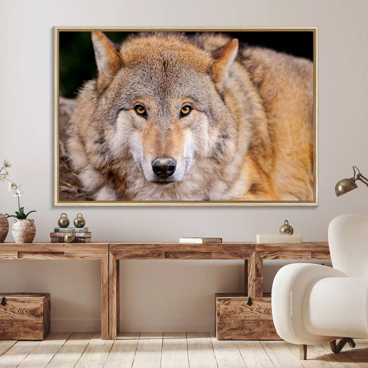 A Wild Wolf Wall Art Canvas Print adorns the wall.