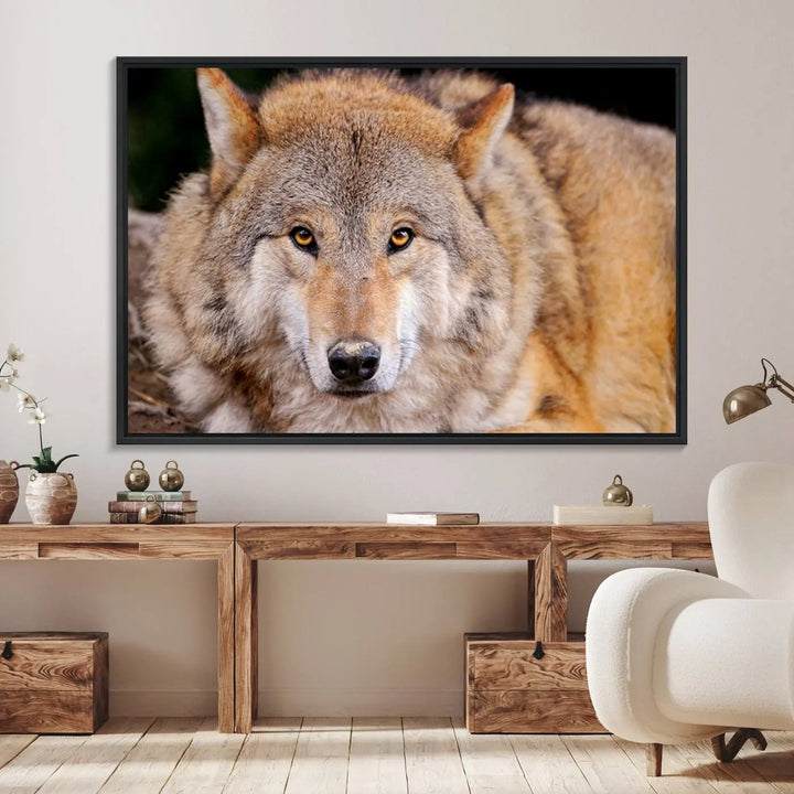 A Wild Wolf Wall Art Canvas Print adorns the wall.