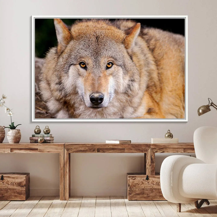 A Wild Wolf Wall Art Canvas Print adorns the wall.