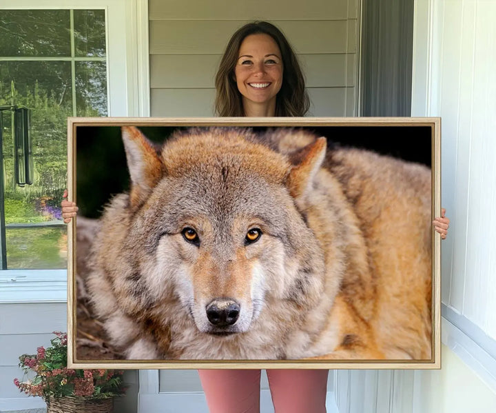 A Wild Wolf Wall Art Canvas Print adorns the wall.