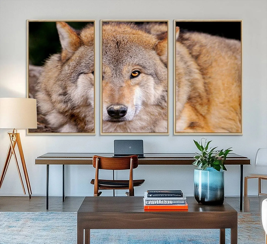 A Wild Wolf Wall Art Canvas Print adorns the wall.