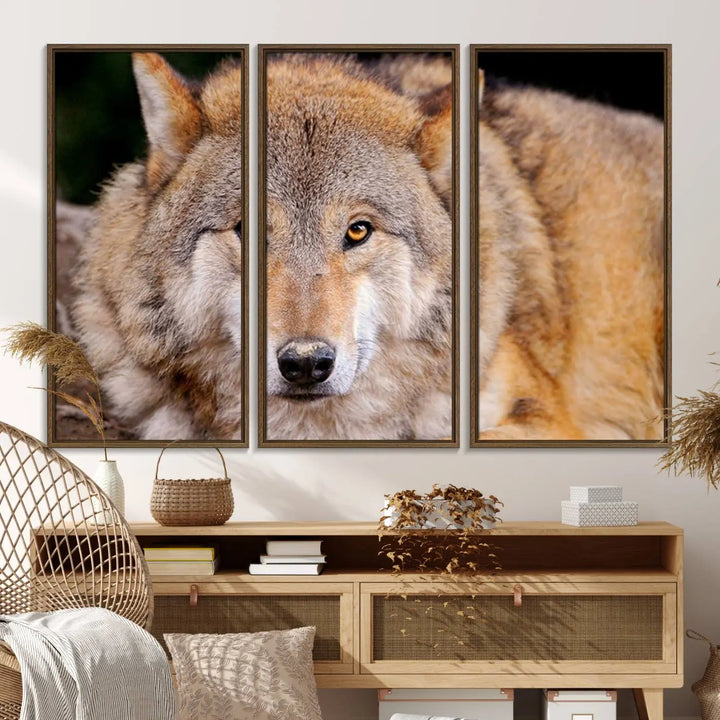 A Wild Wolf Wall Art Canvas Print adorns the wall.