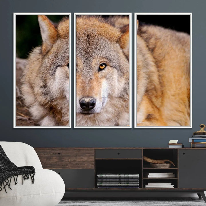 A Wild Wolf Wall Art Canvas Print adorns the wall.