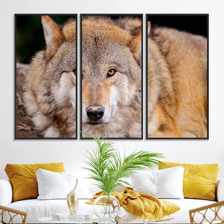 A Wild Wolf Wall Art Canvas Print adorns the wall.