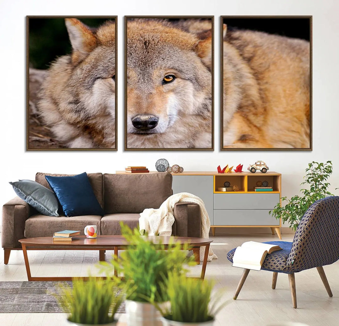 A Wild Wolf Wall Art Canvas Print adorns the wall.