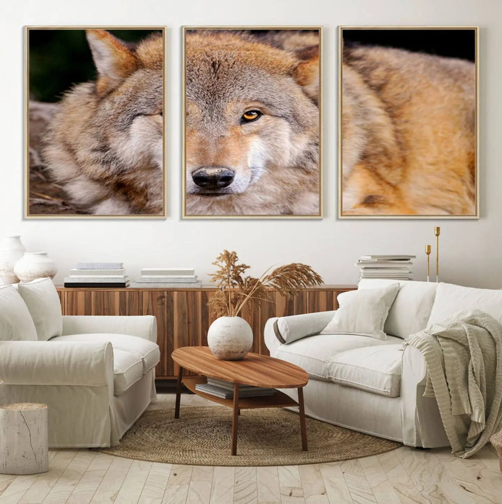 A Wild Wolf Wall Art Canvas Print adorns the wall.