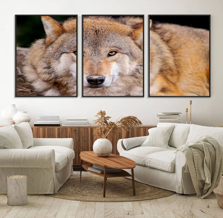 A Wild Wolf Wall Art Canvas Print adorns the wall.