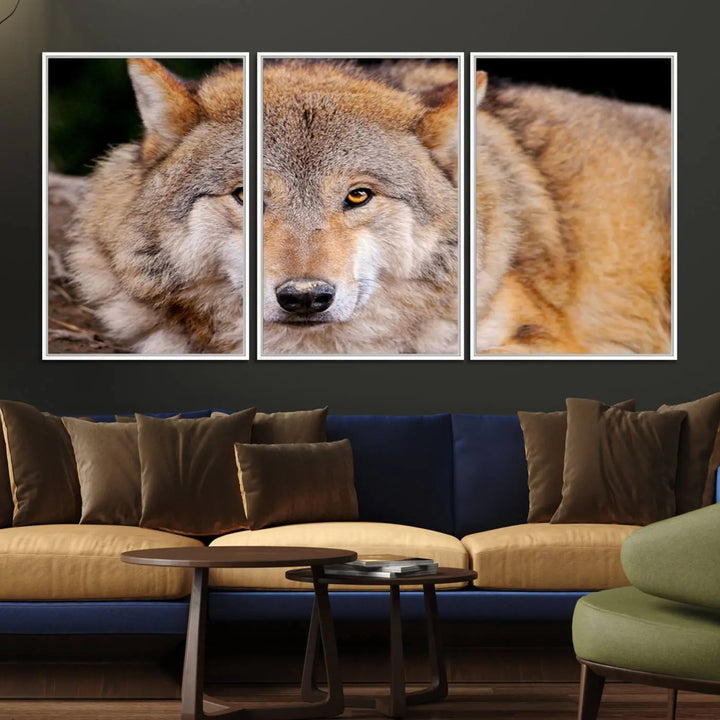 A Wild Wolf Wall Art Canvas Print adorns the wall.