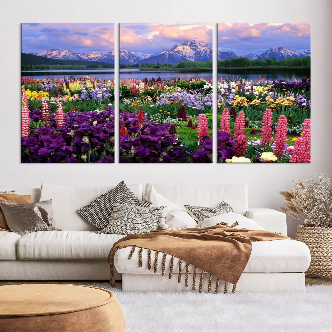 Edit-Images-Wildflower Canvas Print – Blooming Floral Meadows with Majestic Mountain Backdrop, Ready to Hang Wall Art