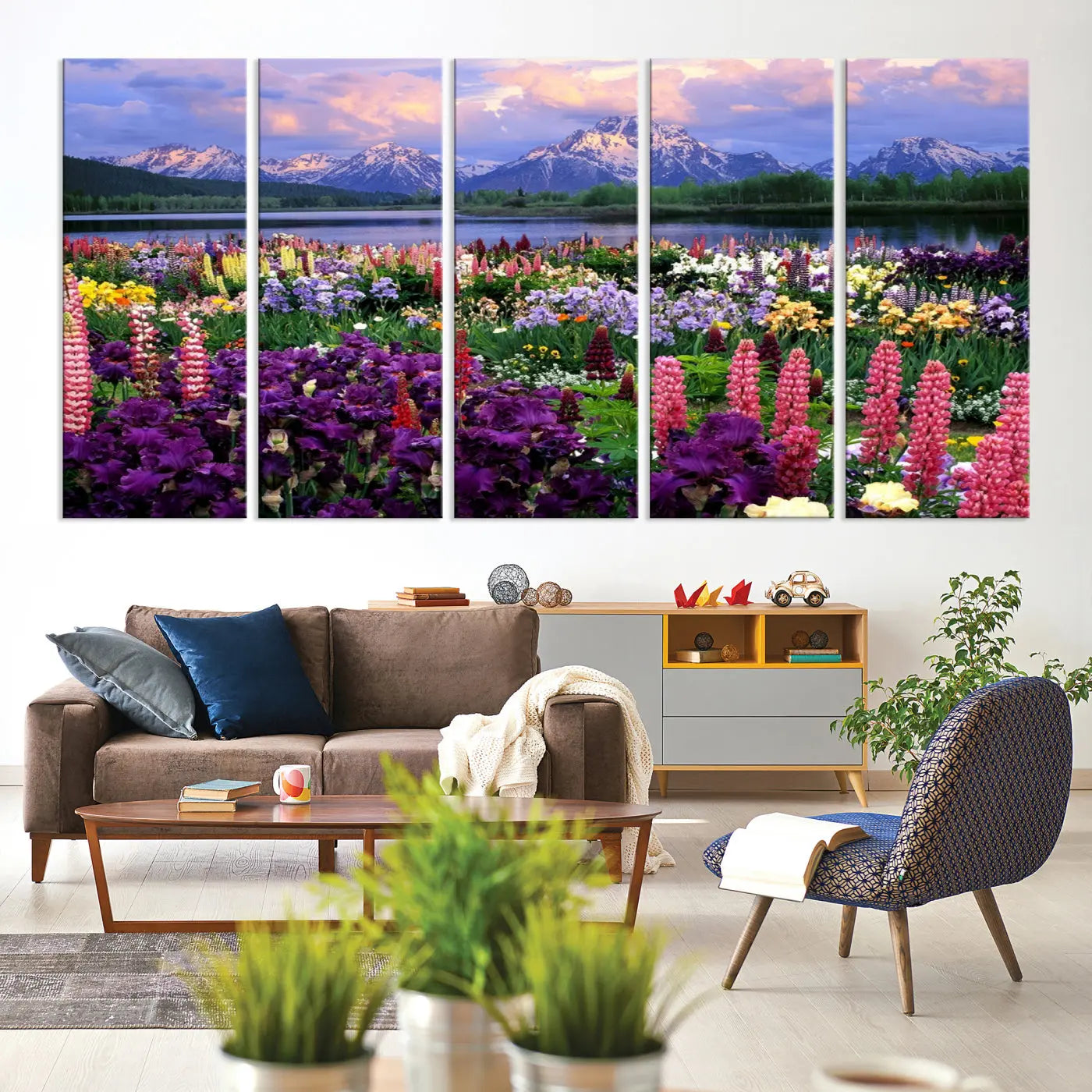 Edit-Images-Wildflower Canvas Print – Blooming Floral Meadows with Majestic Mountain Backdrop, Ready to Hang Wall Art