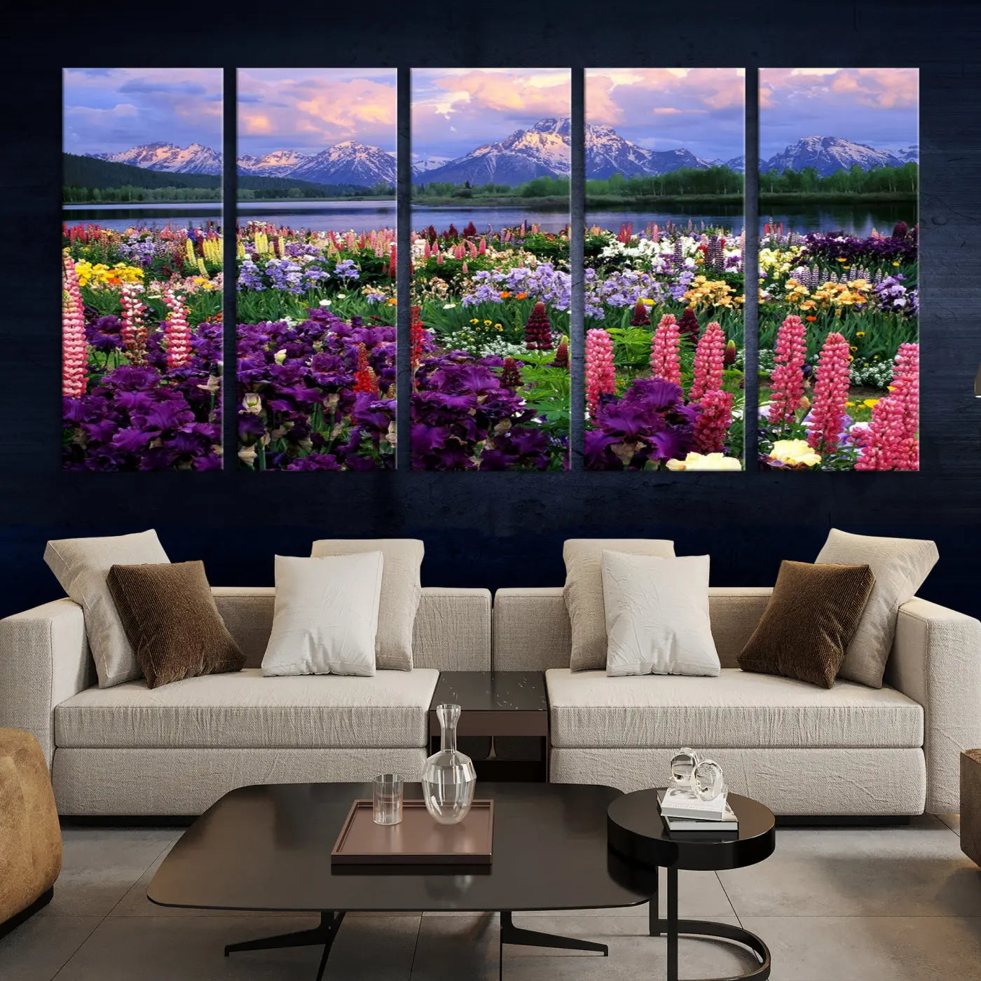 Edit-Images-Wildflower Canvas Print – Blooming Floral Meadows with Majestic Mountain Backdrop, Ready to Hang Wall Art