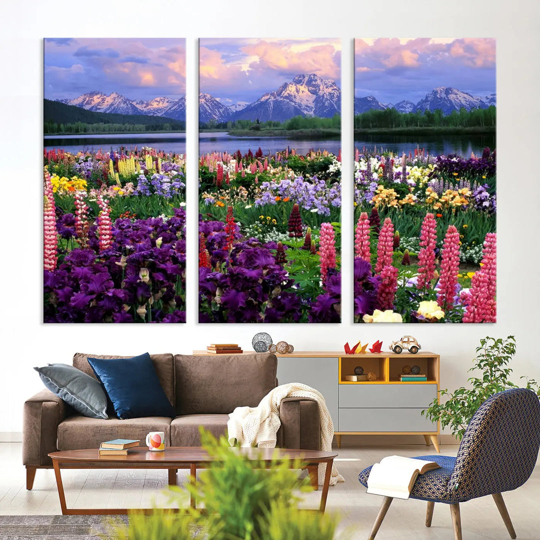 Wildflower Canvas Print – Blooming Floral Meadows with Majestic Mountain Backdrop, Ready to Hang Wall Art