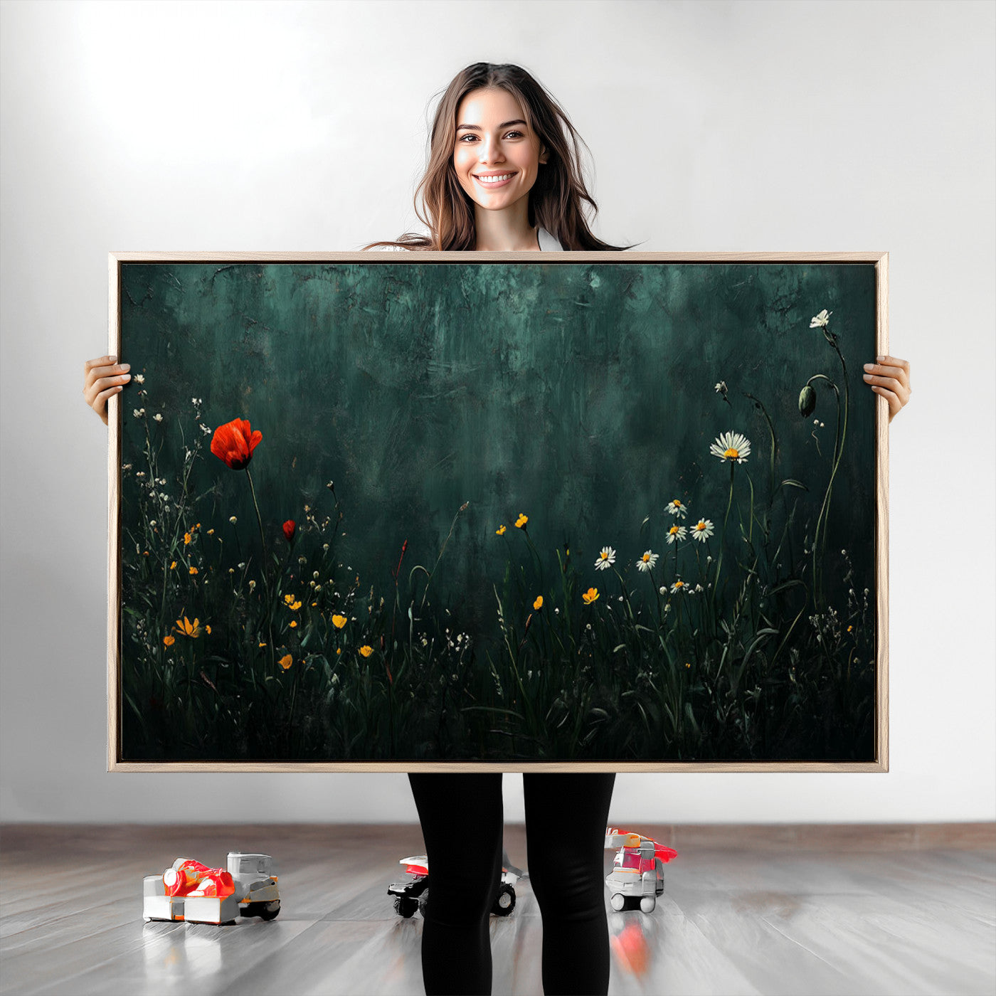 26218-MGV-CV-36X24-Wildflower Field Framed Wall Art, Vintage Botanical Landscape Sign, Botanical Wall Art, Modern Farmhouse Canvas Art, Field Of Flowers Canvas