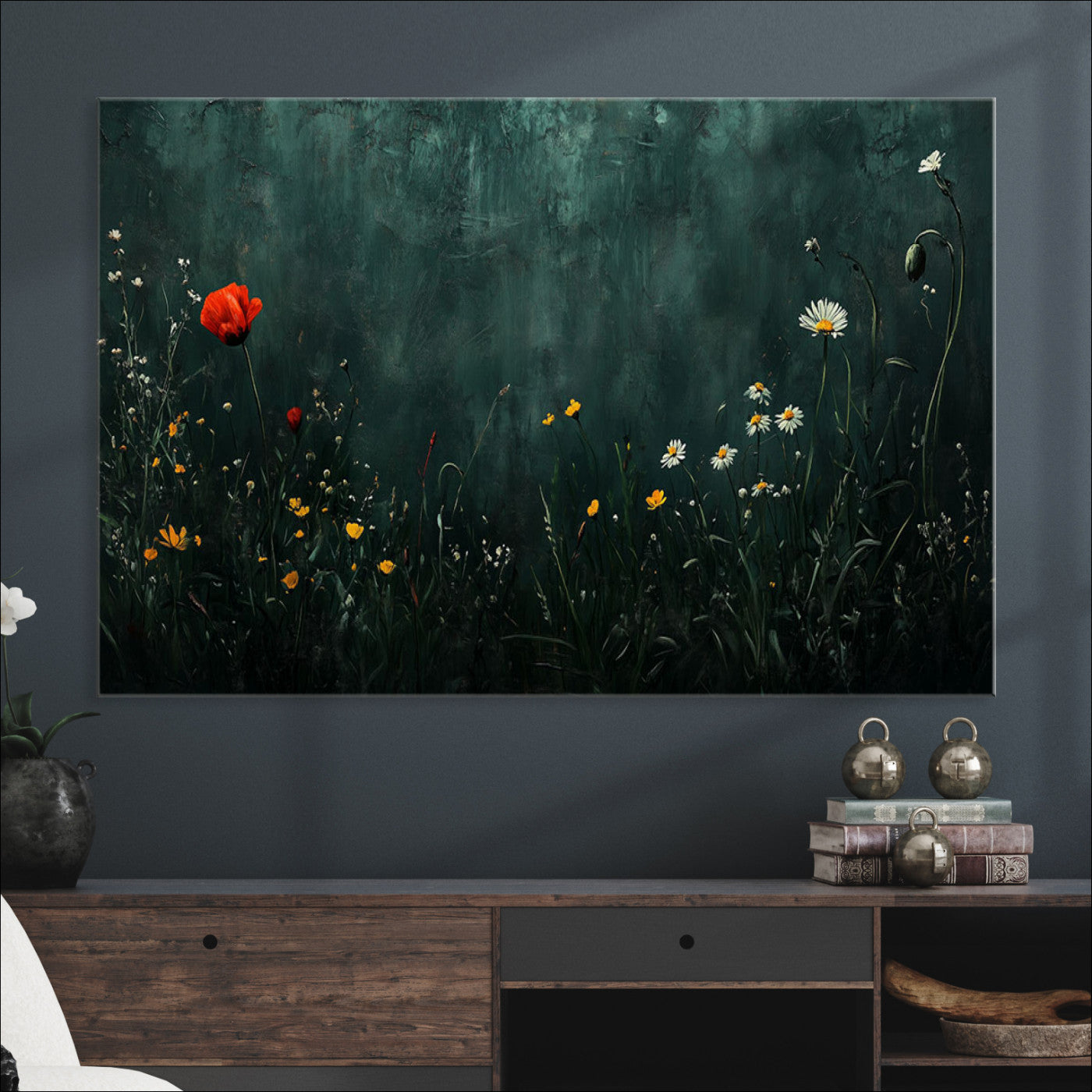 26218-MGV-CV-36X24-Wildflower Field Framed Wall Art, Vintage Botanical Landscape Sign, Botanical Wall Art, Modern Farmhouse Canvas Art, Field Of Flowers Canvas