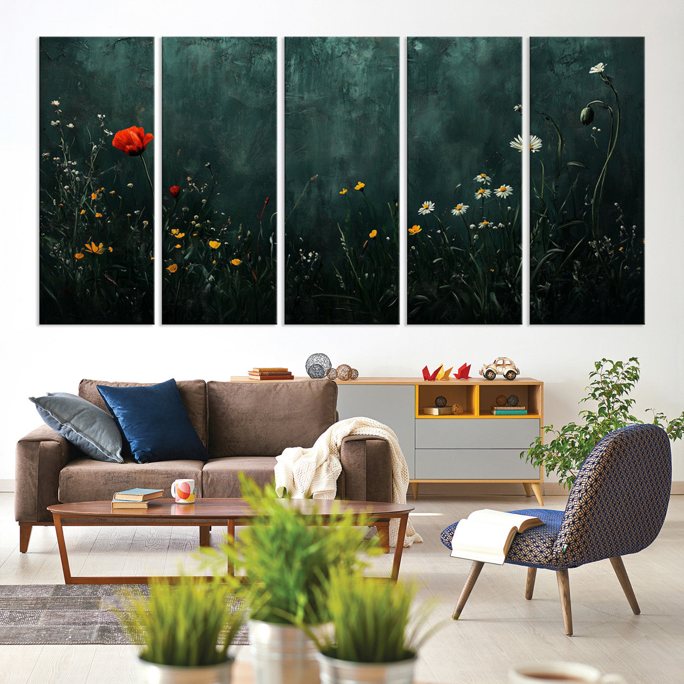 26218-MGV-CV-60X31-5P-Wildflower Field Framed Wall Art, Vintage Botanical Landscape Sign, Botanical Wall Art, Modern Farmhouse Canvas Art, Field Of Flowers Canvas