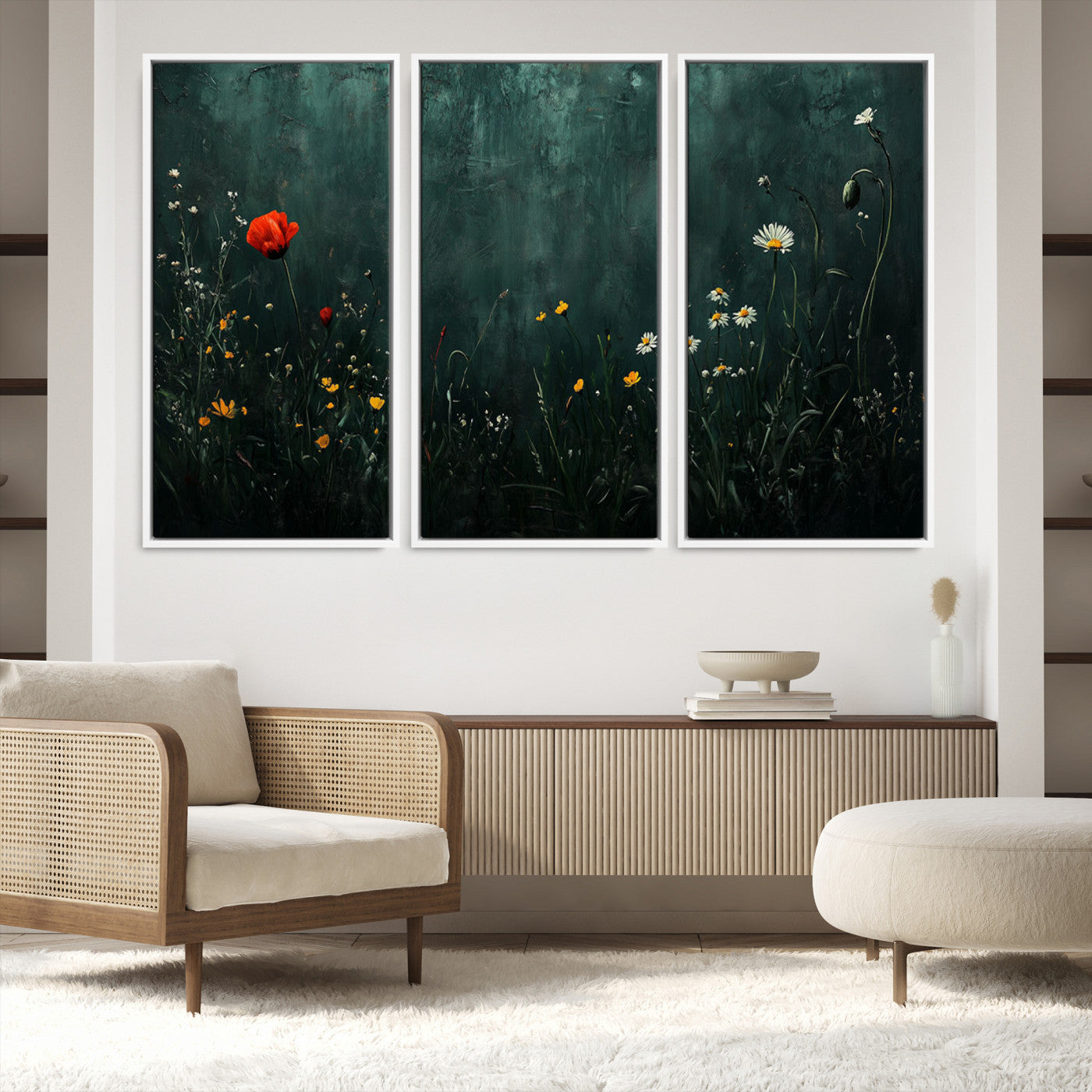 26218-MGV-FC-48X32-3P_White-Wildflower Field Framed Wall Art, Vintage Botanical Landscape Sign, Botanical Wall Art, Modern Farmhouse Canvas Art, Field Of Flowers Canvas