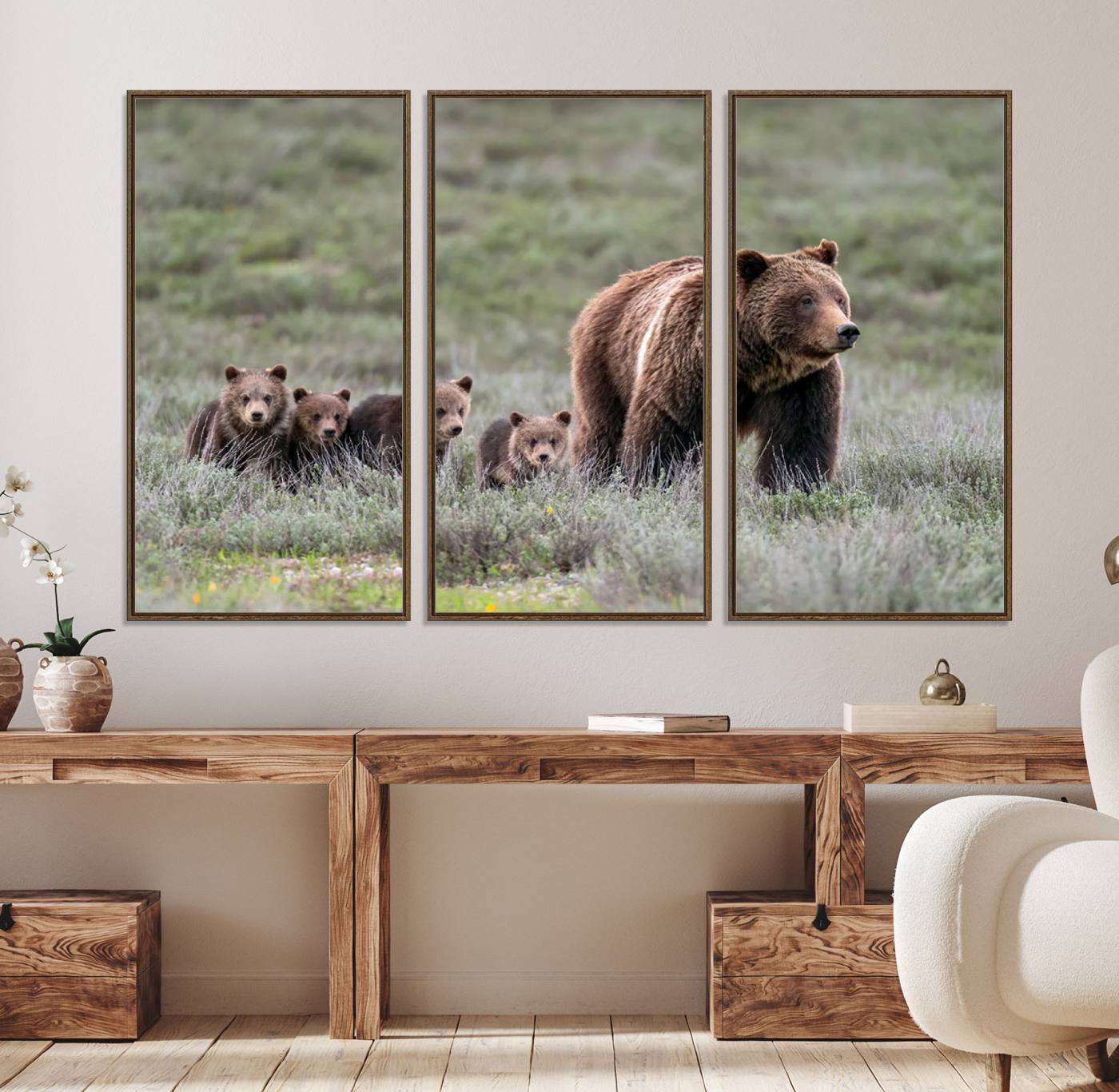 65087-MGV-FC-48X32-3P_Walnut-Wildlife Photography of 399 Grizzly Bear Cubs | Queen of the Tetons Canvas Wall Art Print