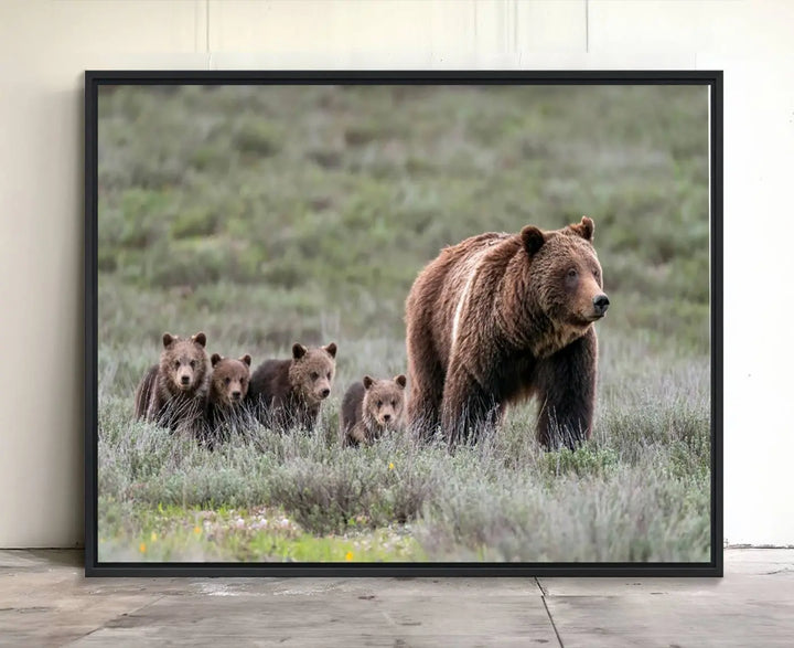 The canvas wall art print, titled "Queen of the Tetons," features a photo of 399 grizzly bear cubs walking with a larger bear in a green, open field. This striking piece is framed and leaning against a wall, showcasing its gallery-quality finish.