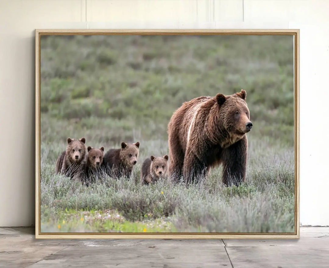 The canvas wall art print, titled "Queen of the Tetons," features a photo of 399 grizzly bear cubs walking with a larger bear in a green, open field. This striking piece is framed and leaning against a wall, showcasing its gallery-quality finish.