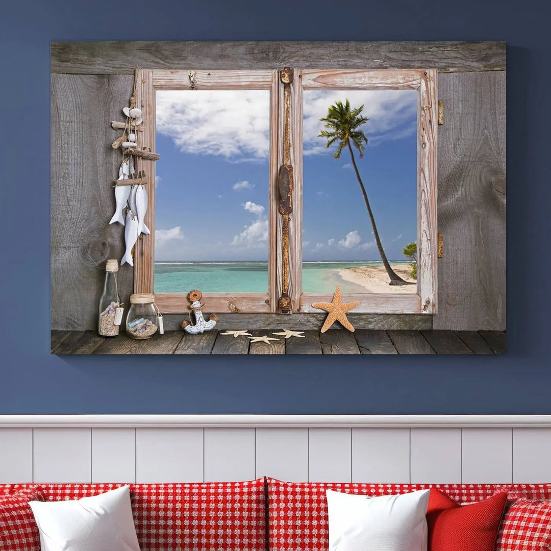 The "Window Wall Art Relaxing Beach Starfish Seashells Nautical Art Ocean Artwork," crafted on museum-quality canvas, infuses your living space with serene coastal charm and is ready to hang.