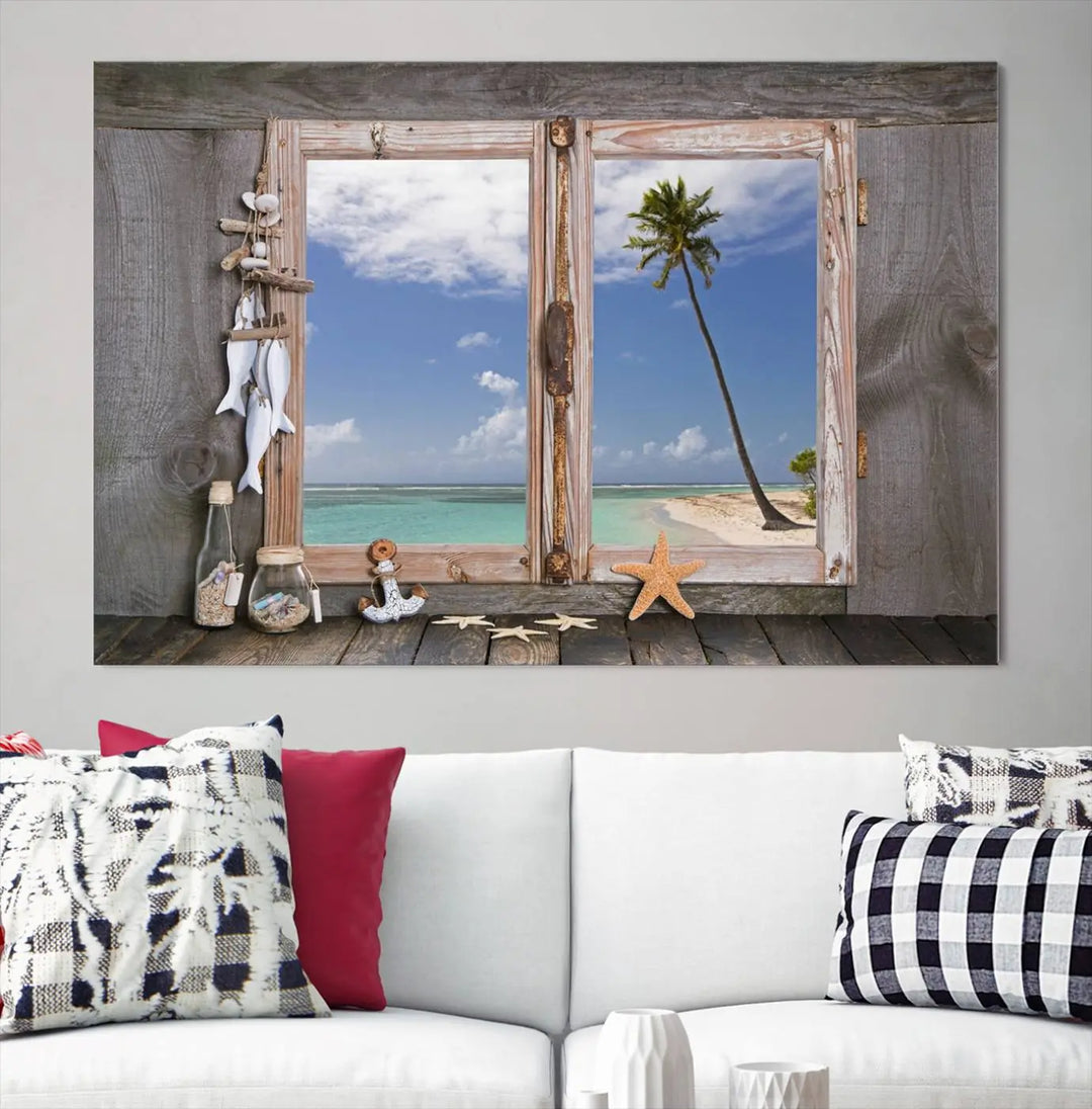 The "Window Wall Art Relaxing Beach Starfish Seashells Nautical Art Ocean Artwork," crafted on museum-quality canvas, infuses your living space with serene coastal charm and is ready to hang.