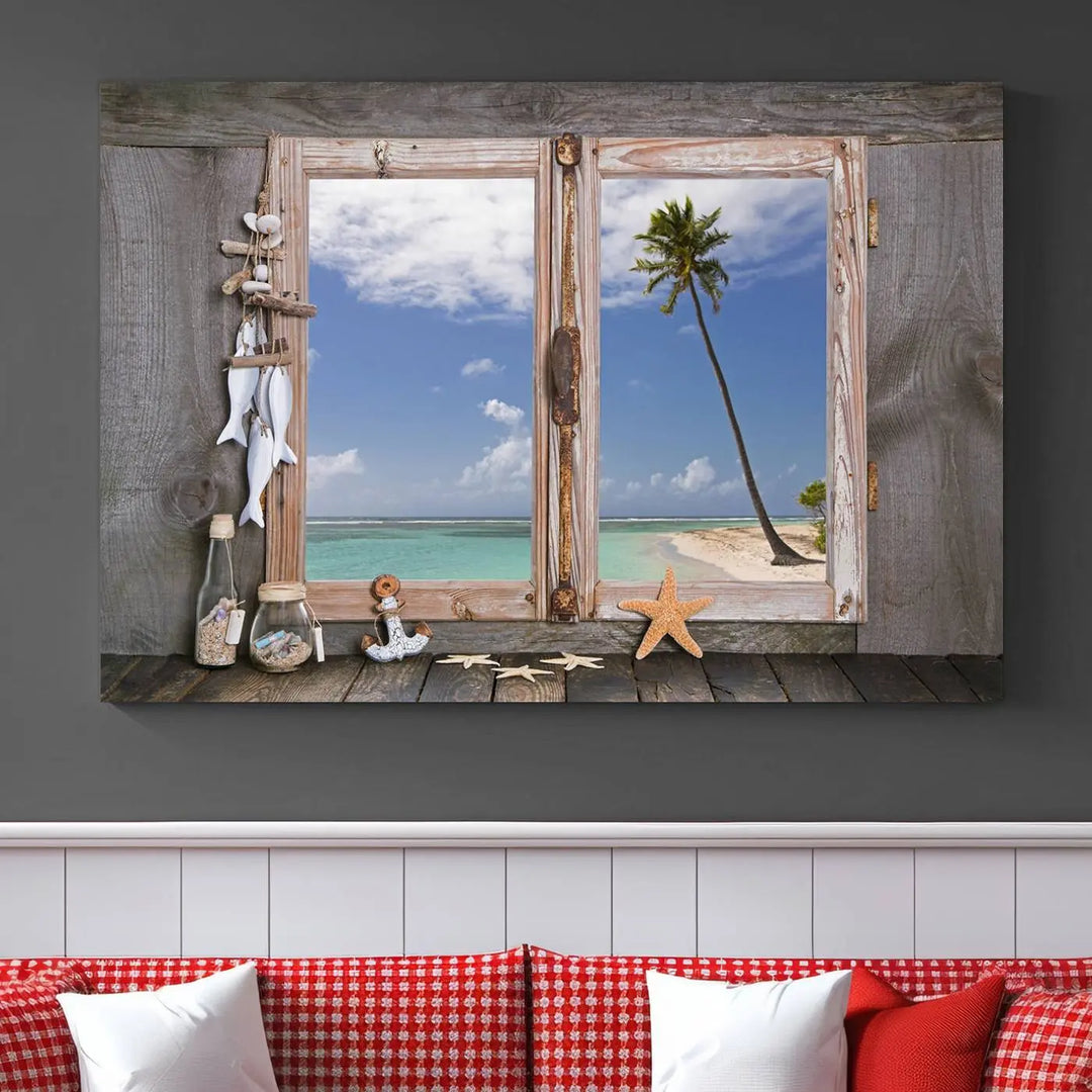 The "Window Wall Art Relaxing Beach Starfish Seashells Nautical Art Ocean Artwork," crafted on museum-quality canvas, infuses your living space with serene coastal charm and is ready to hang.