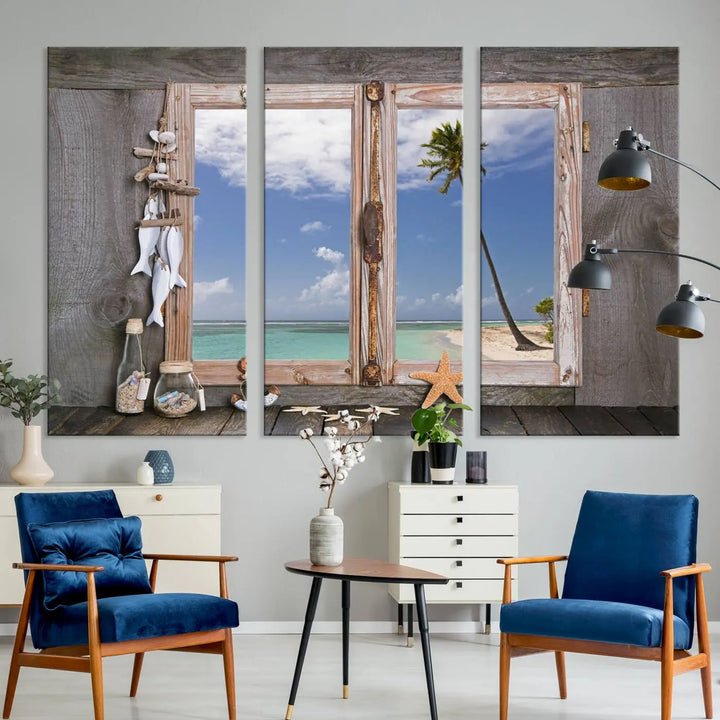 The "Window Wall Art Relaxing Beach Starfish Seashells Nautical Art Ocean Artwork," crafted on museum-quality canvas, infuses your living space with serene coastal charm and is ready to hang.