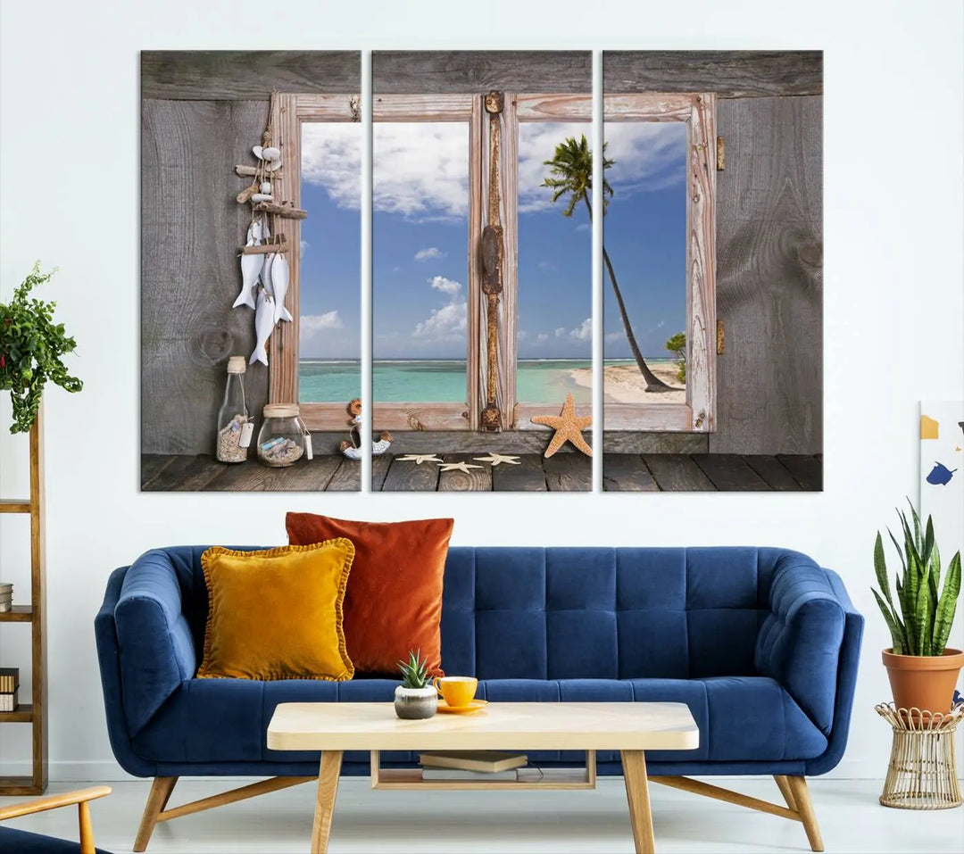 The "Window Wall Art Relaxing Beach Starfish Seashells Nautical Art Ocean Artwork," crafted on museum-quality canvas, infuses your living space with serene coastal charm and is ready to hang.