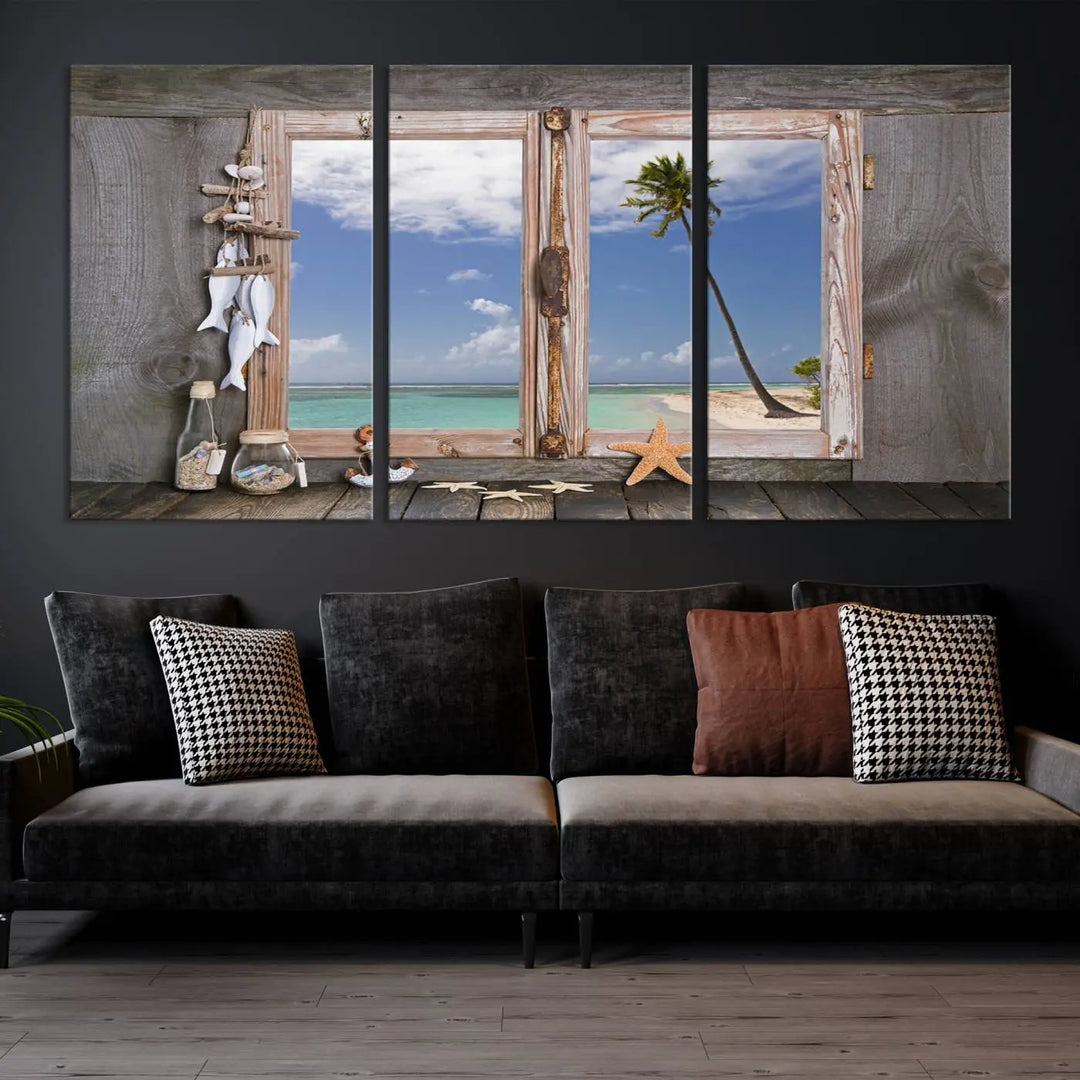 The "Window Wall Art Relaxing Beach Starfish Seashells Nautical Art Ocean Artwork," crafted on museum-quality canvas, infuses your living space with serene coastal charm and is ready to hang.