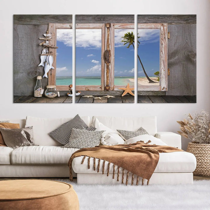 The "Window Wall Art Relaxing Beach Starfish Seashells Nautical Art Ocean Artwork," crafted on museum-quality canvas, infuses your living space with serene coastal charm and is ready to hang.