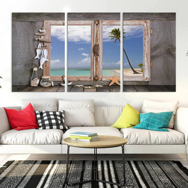 The "Window Wall Art Relaxing Beach Starfish Seashells Nautical Art Ocean Artwork," crafted on museum-quality canvas, infuses your living space with serene coastal charm and is ready to hang.