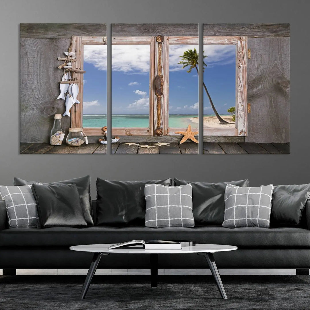 The "Window Wall Art Relaxing Beach Starfish Seashells Nautical Art Ocean Artwork," crafted on museum-quality canvas, infuses your living space with serene coastal charm and is ready to hang.