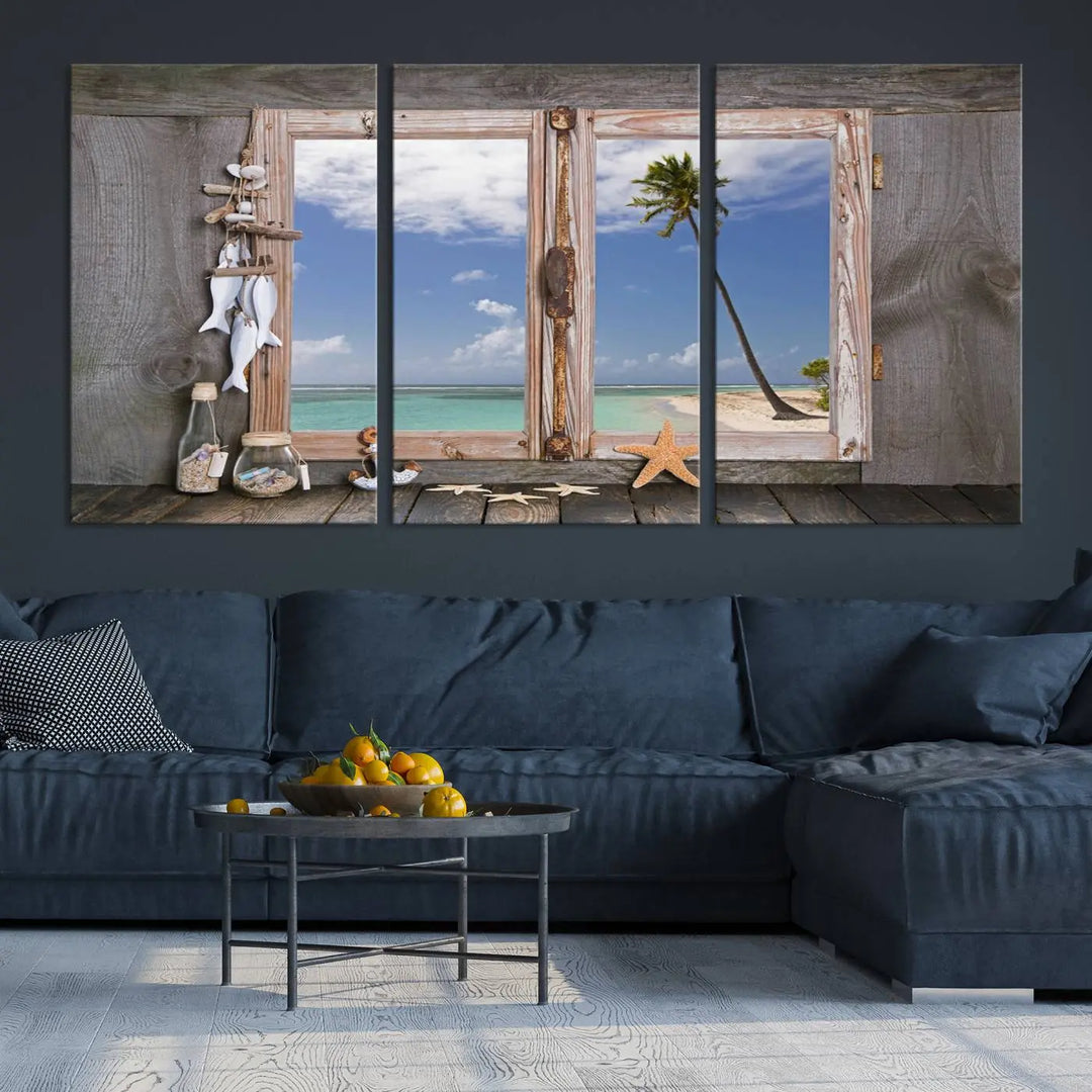 The "Window Wall Art Relaxing Beach Starfish Seashells Nautical Art Ocean Artwork," crafted on museum-quality canvas, infuses your living space with serene coastal charm and is ready to hang.