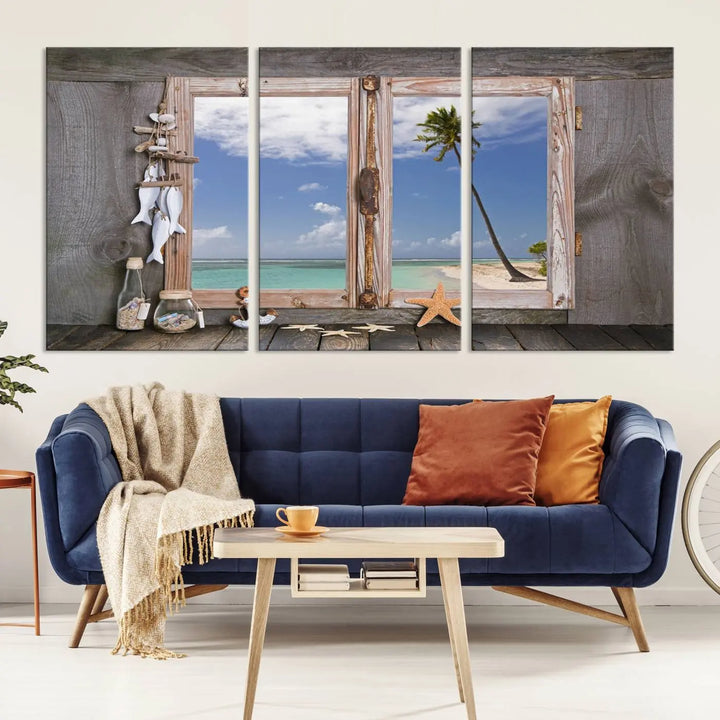 The "Window Wall Art Relaxing Beach Starfish Seashells Nautical Art Ocean Artwork," crafted on museum-quality canvas, infuses your living space with serene coastal charm and is ready to hang.