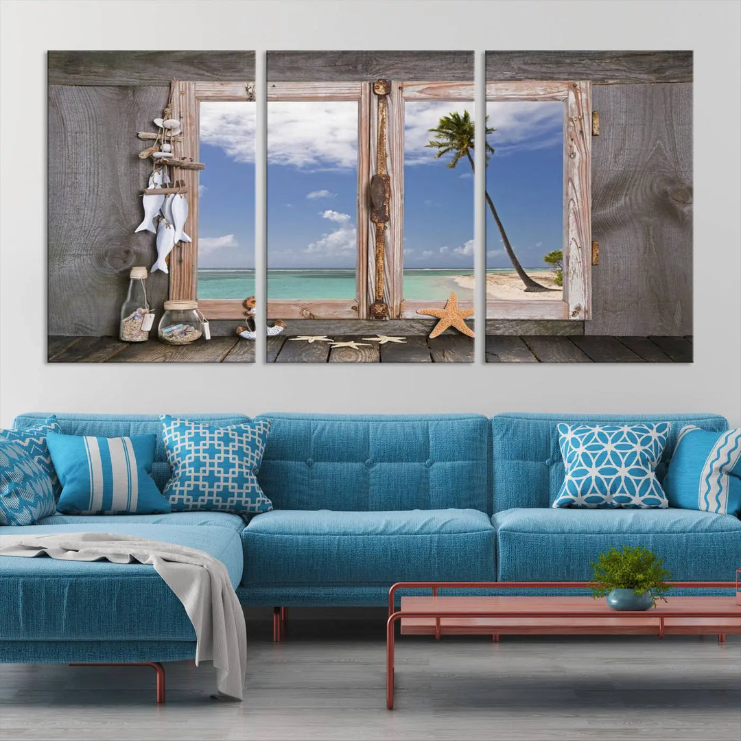 The "Window Wall Art Relaxing Beach Starfish Seashells Nautical Art Ocean Artwork," crafted on museum-quality canvas, infuses your living space with serene coastal charm and is ready to hang.