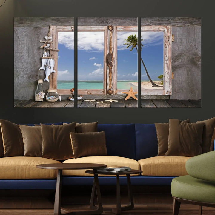 The "Window Wall Art Relaxing Beach Starfish Seashells Nautical Art Ocean Artwork," crafted on museum-quality canvas, infuses your living space with serene coastal charm and is ready to hang.