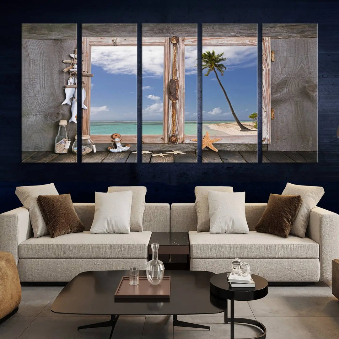 The "Window Wall Art Relaxing Beach Starfish Seashells Nautical Art Ocean Artwork," crafted on museum-quality canvas, infuses your living space with serene coastal charm and is ready to hang.