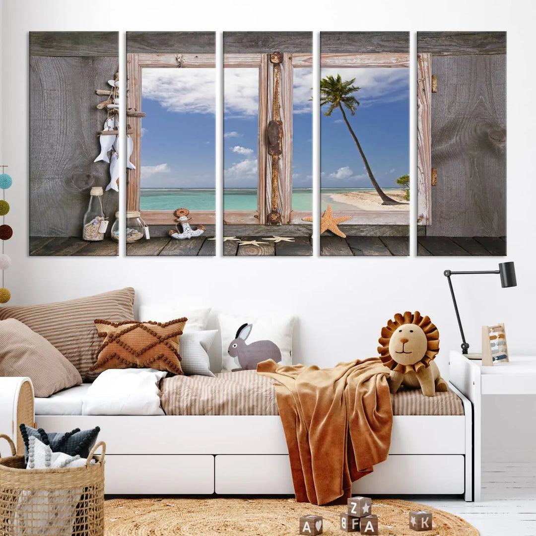 The "Window Wall Art Relaxing Beach Starfish Seashells Nautical Art Ocean Artwork," crafted on museum-quality canvas, infuses your living space with serene coastal charm and is ready to hang.