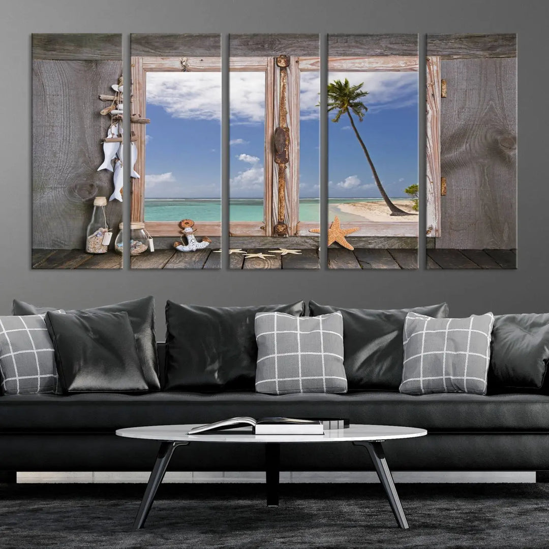 The "Window Wall Art Relaxing Beach Starfish Seashells Nautical Art Ocean Artwork," crafted on museum-quality canvas, infuses your living space with serene coastal charm and is ready to hang.