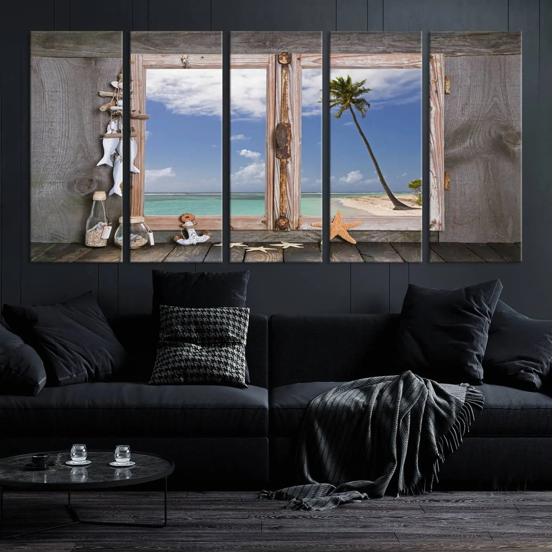 The "Window Wall Art Relaxing Beach Starfish Seashells Nautical Art Ocean Artwork," crafted on museum-quality canvas, infuses your living space with serene coastal charm and is ready to hang.