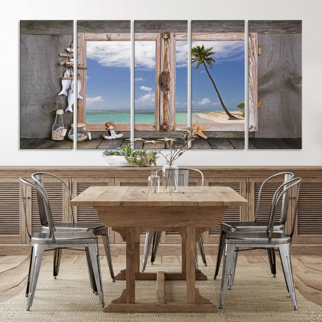 The "Window Wall Art Relaxing Beach Starfish Seashells Nautical Art Ocean Artwork," crafted on museum-quality canvas, infuses your living space with serene coastal charm and is ready to hang.