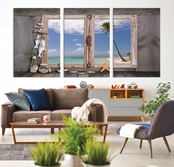 Window Wall Art Relaxing Beach Starfish Seashells Nautical Art Ocean, Relaxing Beach Window Wall Art Canvas