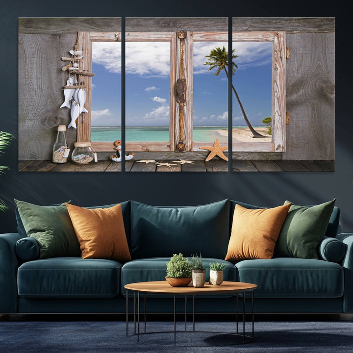 Window Wall Art Relaxing Beach Starfish Seashells Nautical Art Ocean, Relaxing Beach Window Wall Art Canvas