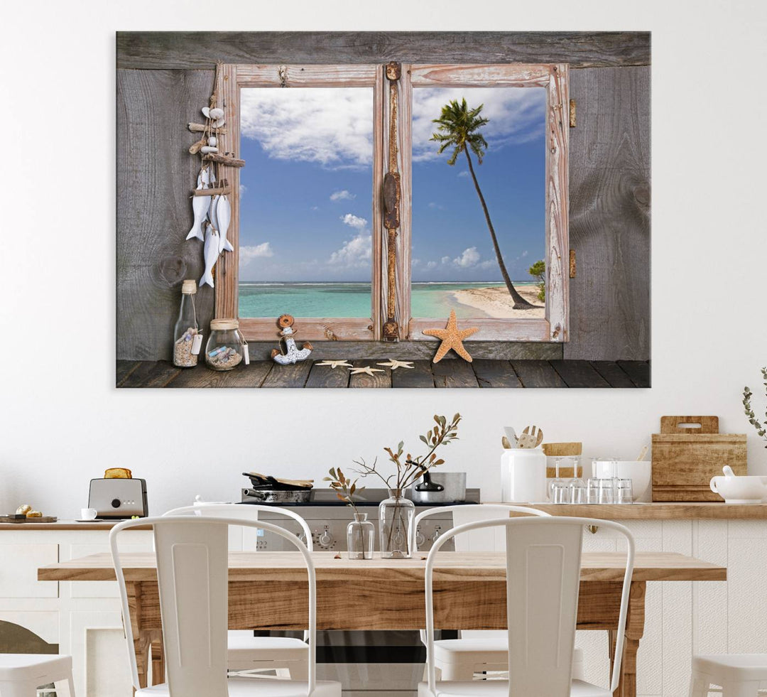 Window Wall Art Relaxing Beach Starfish Seashells Nautical Art Ocean, Relaxing Beach Window Wall Art Canvas